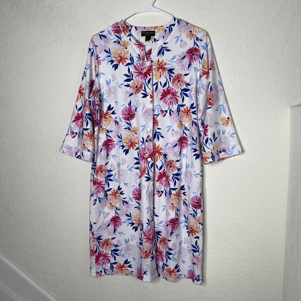 Miss Elaine Relax Long Sleeve Floral Snap Front Sleepwear Dress Sz S Multicolor